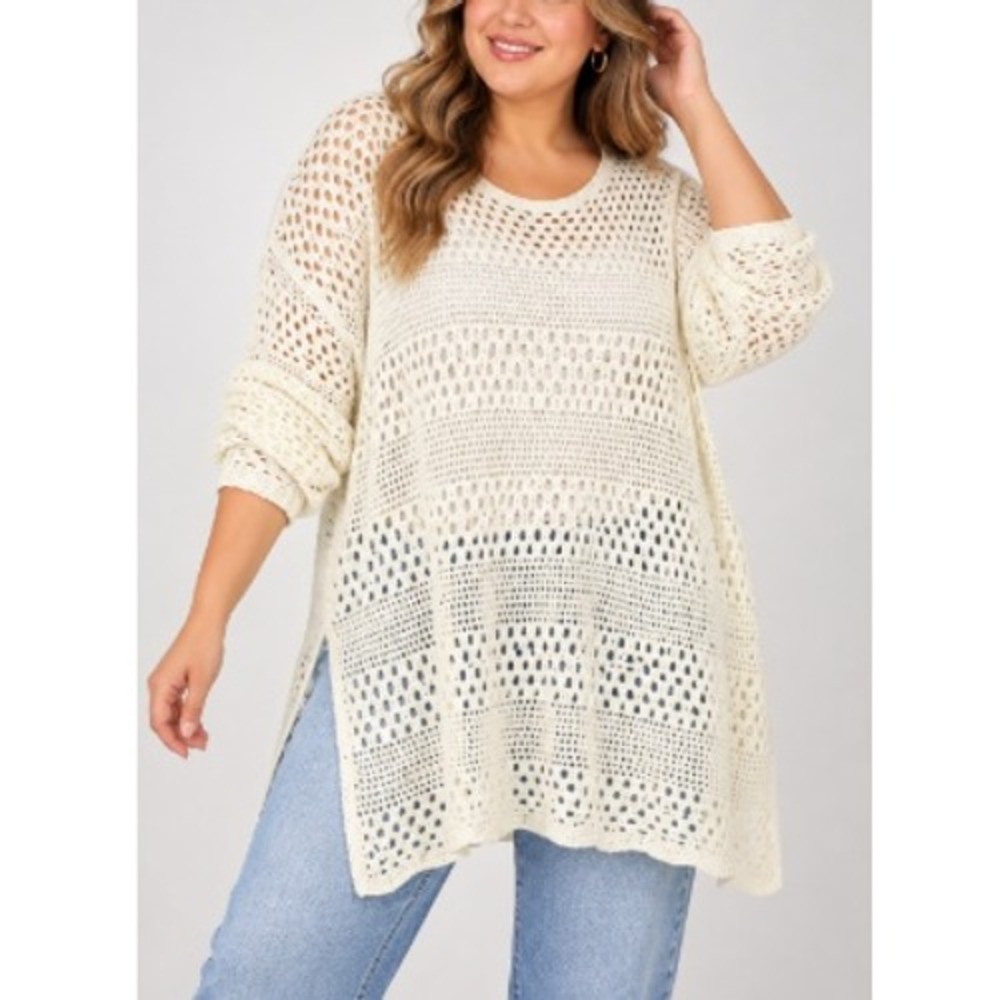 Women's Cream Crochet Knit Tunic Boho Western Open Weave Sweater Size XXL